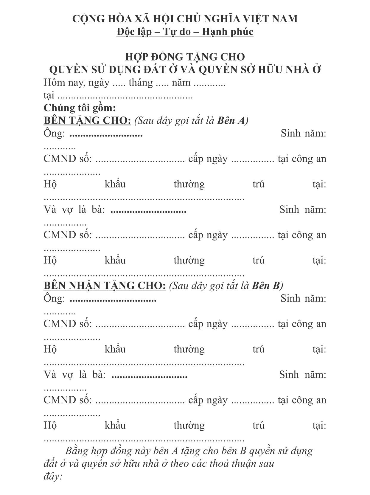 HỢP ĐỒNG TẶNG CHO QUYỀN SỬ DỤNG ĐẤT Ở VÀ QUYỀN SỞ HỮU NHÀ Ở