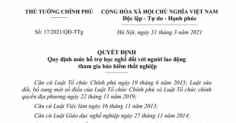 QUYẾT ĐỊNH  SỐ: 17/2021/QĐ-TTg QUY ĐỊNH MỨC HỖ TRỢ HỌC NGHỀ ĐỐI VỚI NGƯỜI LAO ĐỘNG THAM GIA BẢO HIỂM THẤT NGHIỆP